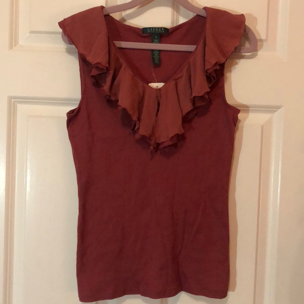 Ralph Lauren women sleeveless top, flounce-trimmed neck, brown, small (S), NWT